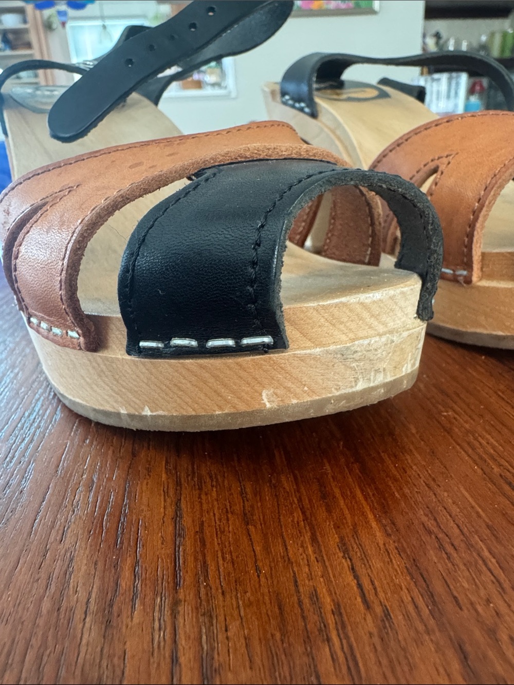 Swedish Hasbeens Tan and Black Leather Platform Sandals - Picture 9 of 12